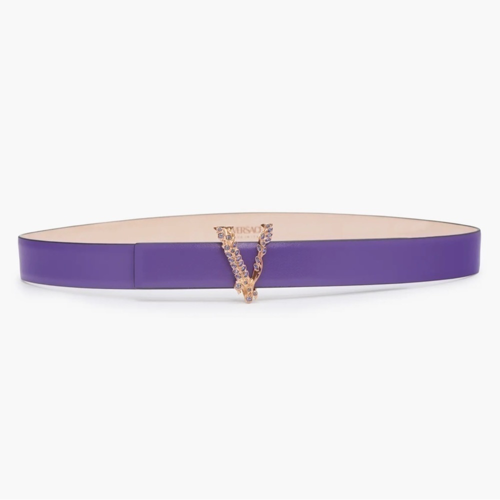 VERSACE Virtus Crystal Buckle Leather Belt - Purple gold tone logo plaque